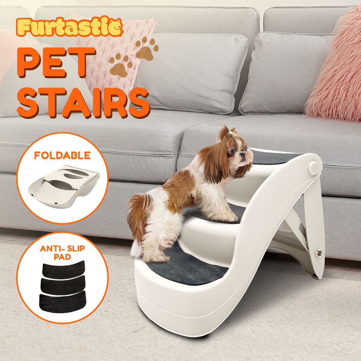 Foldable Pet Stairs - White, 38cm